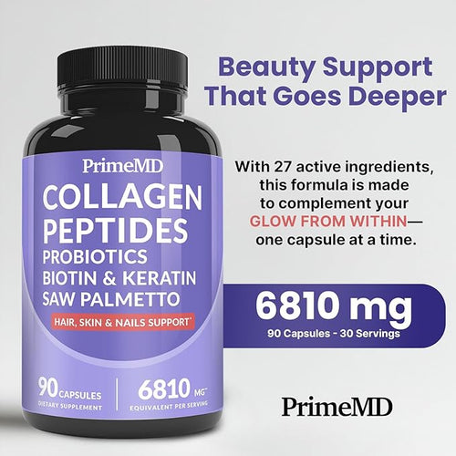 27-in-1 Hair Skin and Nails Vitamins (6810mg) with Biotin 10000mcg - Collagen Supplements for Men and Women - Keratin Supplements with Probiotics and Saw Palmetto 90ct