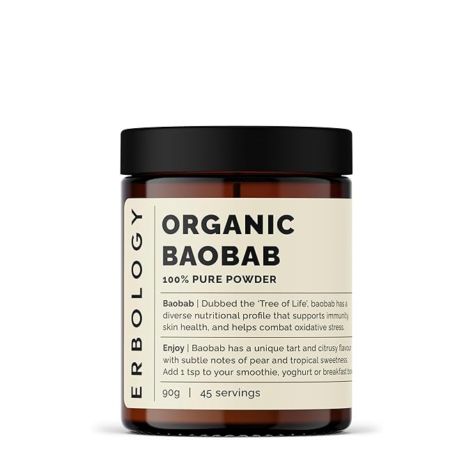 Erbology Organic Baobab Powder 3.2 oz - 45 Servings - Skin Health and Immunity Support - Rich in Vitamin C B Vitamins and Polyphenols - Sustainably Sourced Straight from Farm - Vegan - GMO-Free