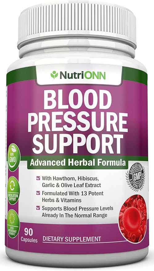 Blood Pressure Support Supplement - 13 Herbs &amp Vitamins - with Hawthorn Hibiscus Garlic &amp Olive Leaf Extract - Natural Supplement for Women &amp Men - High Strength Capsules - Non-GMO - 90