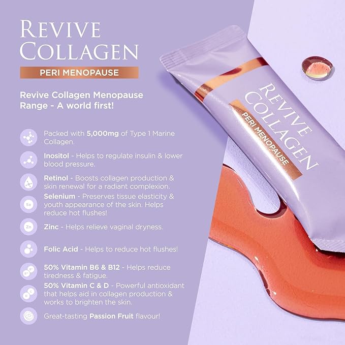 Revive Collagen Perimenopause — Hydrolyzed Marine Collagen Drink for Women 5000MG Inositol Selenium Vitamin B6-B12 C &amp D Supports Skin Health Reduces Fatigue Passionfruit Flavour — 28 Sac