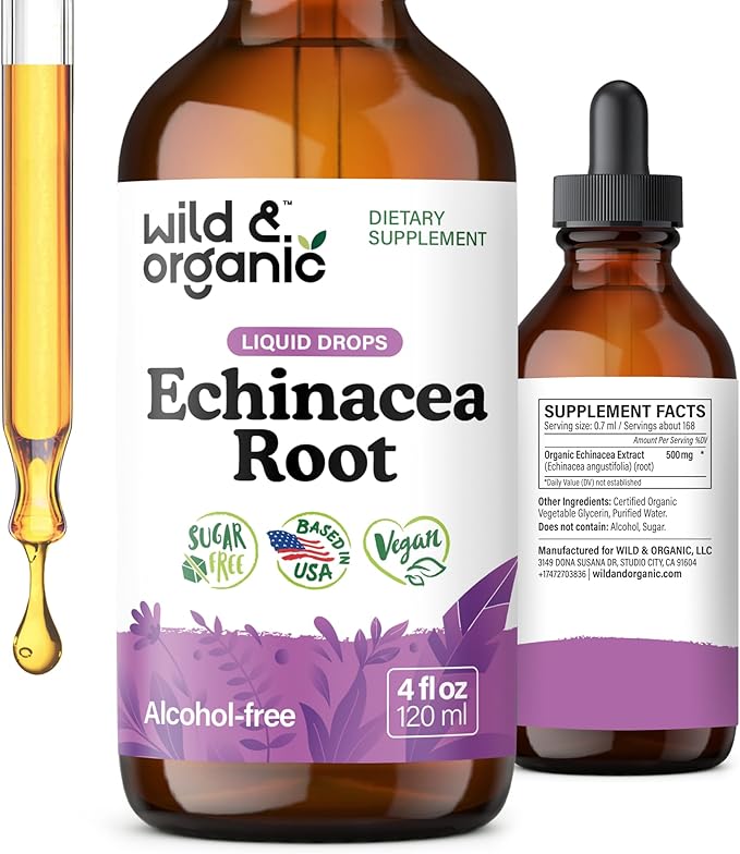 Wild &amp Organic Echinacea Drops - Immune Support Supplement with Echinacea Angustifolia - Liquid Root Extract Tincture - Vegan Sugar &amp Alcohol-Free - 4 fl oz