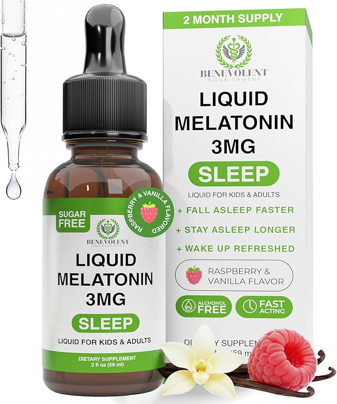 Benevolent Liquid Melatonin Drops for Adults and Kids 3mg - Melatonin Liquid as Fast-Acting Sleep Aid to Fall Asleep Faster &amp Longer - Non-GMO &amp Made in USA - Berry Vanilla Flavor 2 Month Sup
