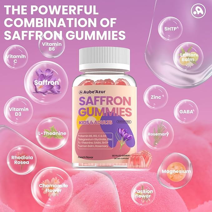 Saffron Gummies for Kids Adults 88.5mg 15-in-1 Saffron Supplements for Kids with B6 B12 C D3 Magnesium Glycinate Zinc for Nerve Rest Focus Sugar Free Vegan Non- GMO Peach Flavor 60 Count