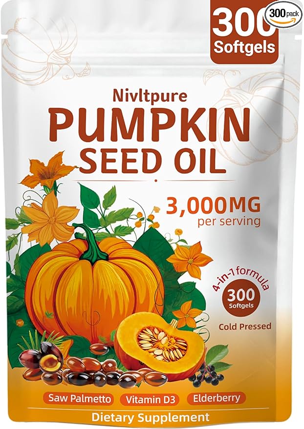 4-in-1 Pumpkin Seed Oil 3000mg with Saw Palmetto &amp Vitamin D3 – Cold Pressed Softgels for Hair Prostate &amp Bladder Wellness – Non-GMO 300 Capsules (100-Day Supply)