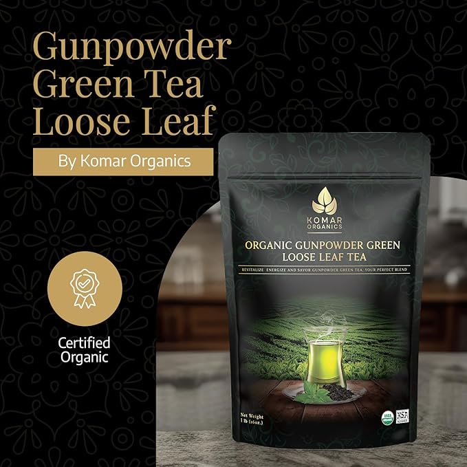 Komar Organics Gunpowder Green USDA Organic Green Tea 16Oz Loose Leaf Deep Smokey Flavor 1 LB Ideal for Energy Boost Antioxidants