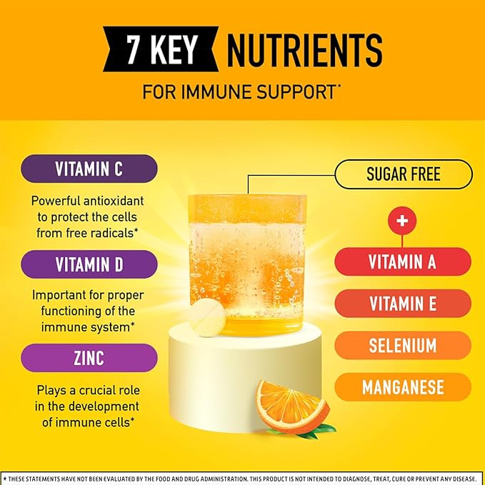 Airborne 1000mg Vitamin C + Zinc Sugar Free Multivitamin Immune Support Effervescent Fizzy Drink Tablets Zesty Orange Flavor with Powerful Antioxidants Vitamins A C &amp E 30 Tablets (2 Pack)