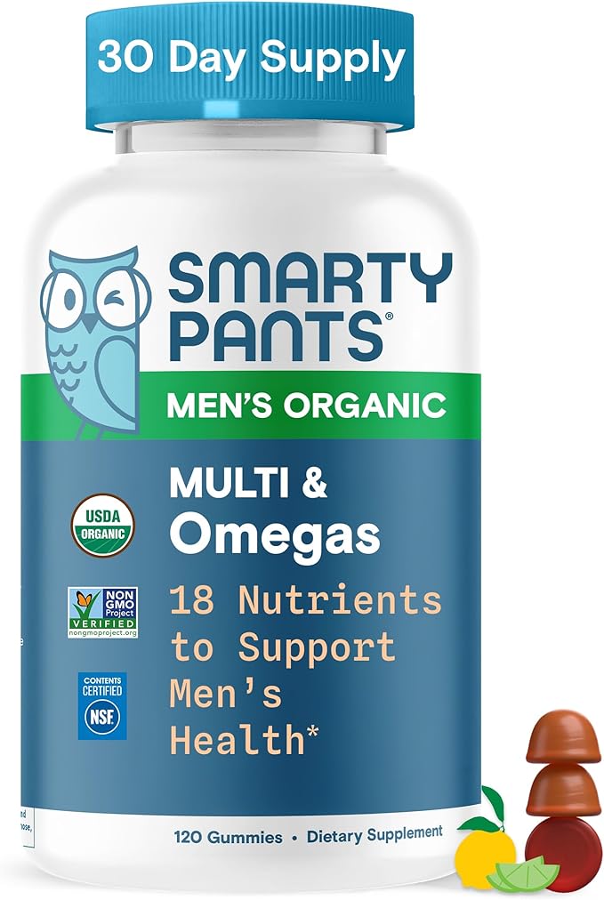 SmartyPants Multivitamin for Men Organic Gummies: Methylfolate Omega 3 (ALA) Vitamin D3 C Vitamin B12 B6 A K &amp Zinc for Immune Support Biotin Vegetarian 120 Gummies (30 Day Supply)
