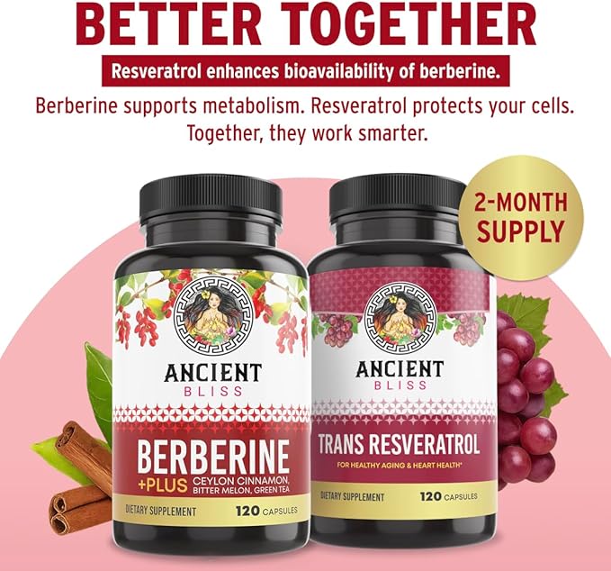 Ancient Bliss Berberine HCL 1200mg with Ceylon Cinnamon Bitter Melon and Green Tea Extract - 120 Capsules