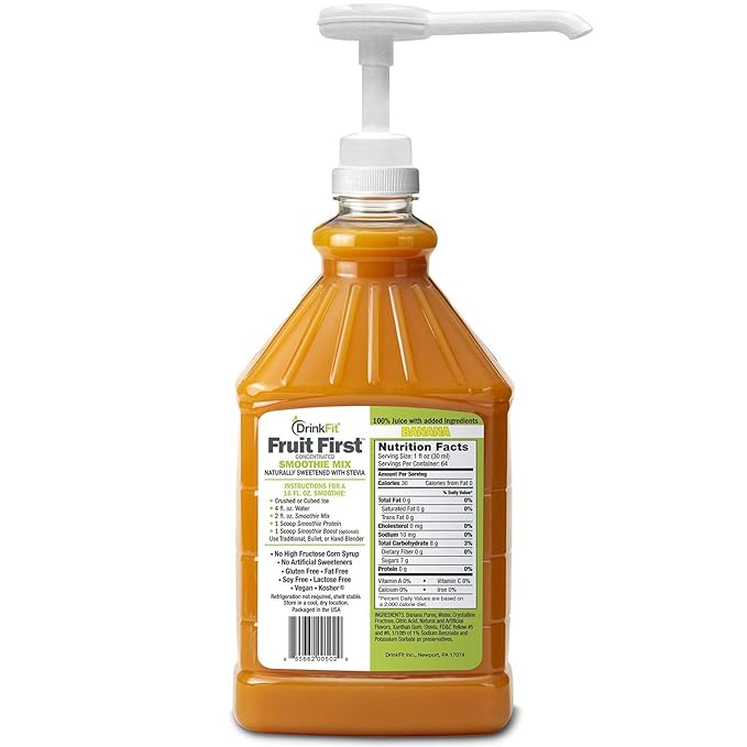 DrinkFit Fruit Smoothie | Real Fruit Puree Low Sugar Gluten:Free &amp Non:GMO Banana Smoothie Mix : Makes 32 Smoothies 64 Fl Oz with Dispensing Pump (Banana)