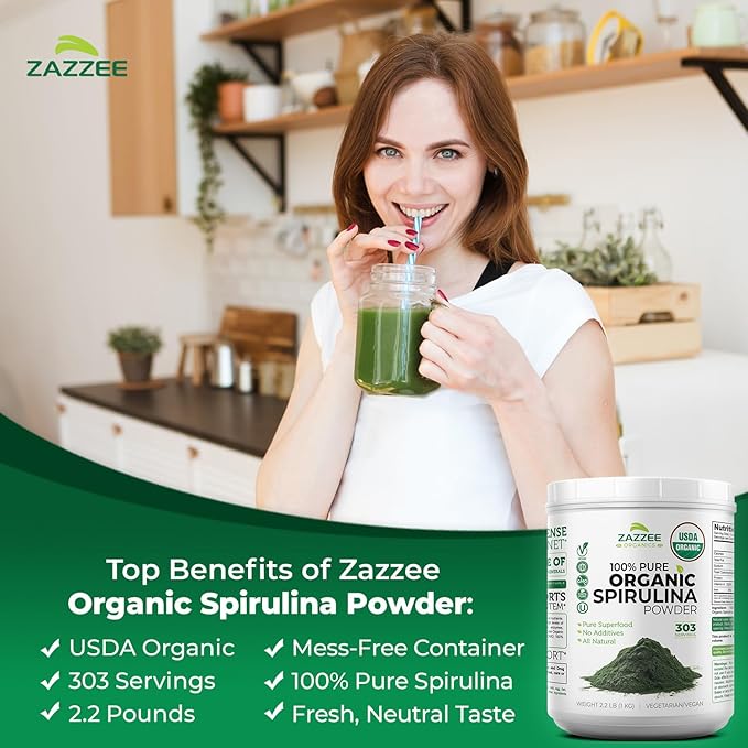 Zazzee USDA Organic Spirulina Powder 2.2 Pounds (1 KG) 303 Servings Certified Kosher 100% Pure Non-Irradiated Mess-Free Wide Mouth Container Fresh Smell and Neutral Taste Non-GMO Made in USA