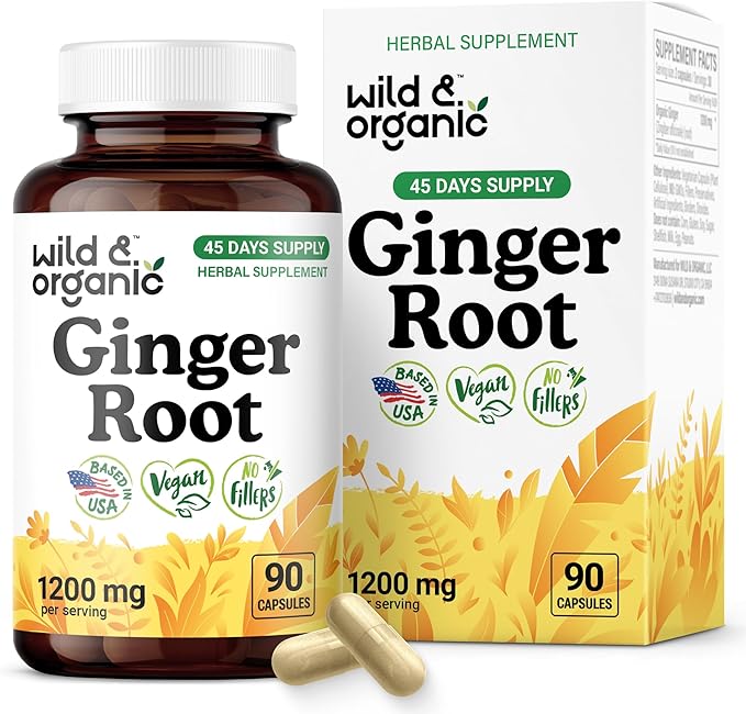 Wild &amp Organic Ginger Root Capsules 1200 mg - Immune &amp Digestive Support - Natural Ginger Supplements - Zingiber Officinale Powder - 45 Days of Supply - Vegan No Fillers Non-GMO - 90 Count
