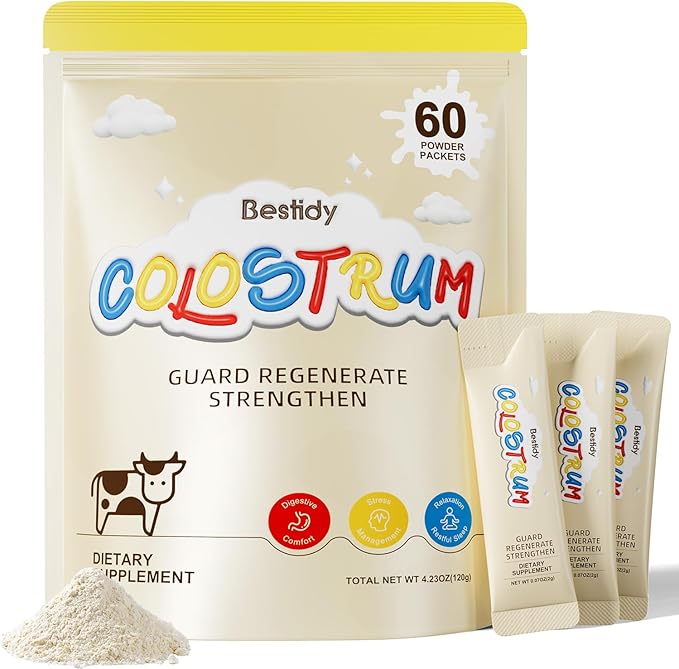 Bestidy Colostrum SupplementColostrum Powder for Gut Hair Growth Beauty Individually PackagedNatural Superfood Bovine Colostrum Powder(60 Servings) 4.23 Oz
