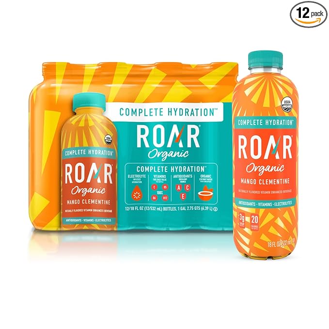 Roar Organic Electrolyte Infusions - USDA Organic - Mango Clementine - with Antioxidants B Vitamins Low-Calorie Low-Sugar Low-Carb Coconut Water Infused Beverage 18 Fl Oz (Pack of 12)