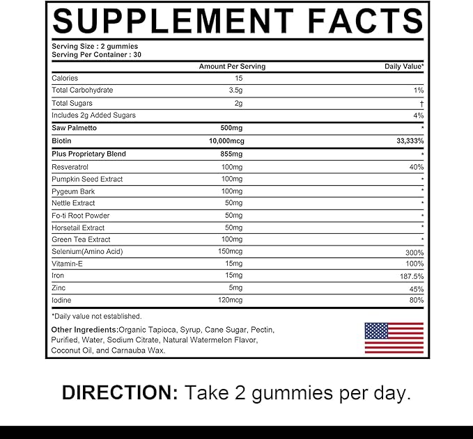 DHT Blocker Gummies Hair Growth Supplement Super Potency Saw Palmetto &amp Biotin 10000 mcg for Women &amp Men Plus 12 Proprietary Blend - Prevent Hair Loss Blocking DHT Receptors 2Pc/120ct