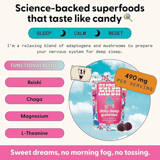 SuperMush Sleep Gummies for Adults - Mushroom Supplement with Magnesium Citrate L-Theanine Chaga Reishi &amp Chamomile for Deep Sleep REM &amp Detox - Vegan &amp Sugar-Free - 28 Gummies (14 Ser