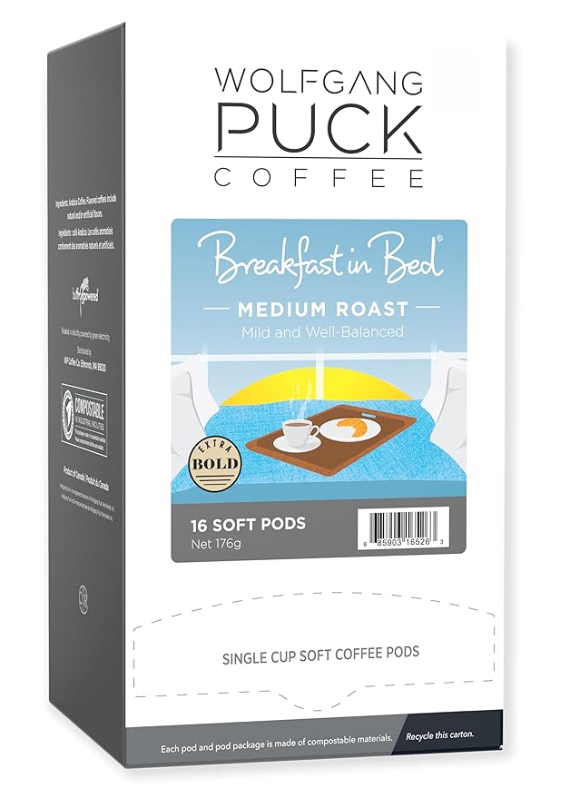 Wolfgang Puck Coffee Breakfast In Bed 12 Gram Soft Pods 16 Count (Pack of 6)