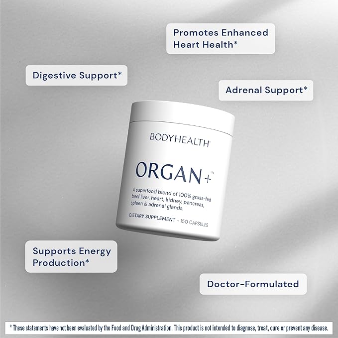 BodyHealth Organ+ Grass-Fed Glandular Organ Complex Grassfed Beef Organ Supplement Dessicated Beef Liver Heart Kidney Pancreas Spleen Non GMO Adrenal Supplement (150 Capsules)