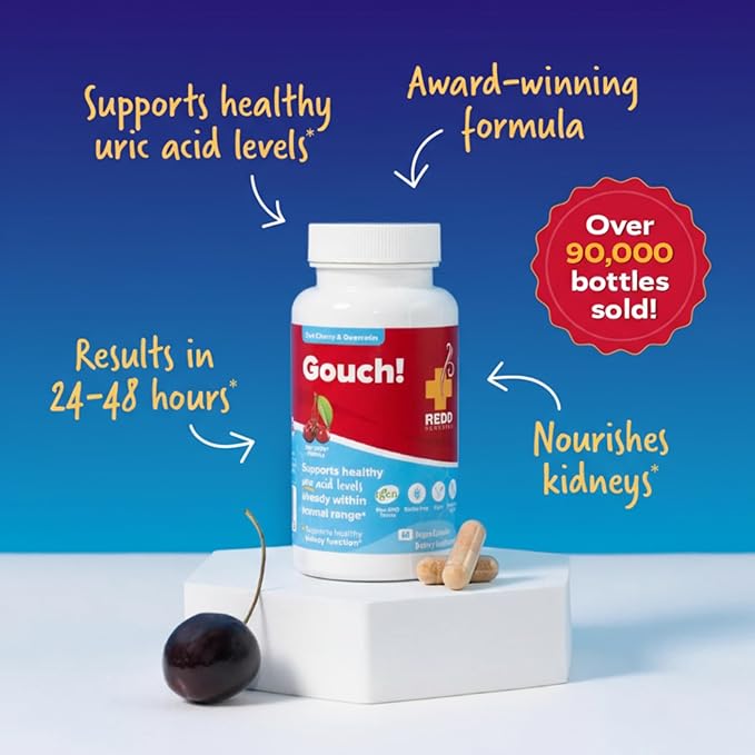 Redd Remedies Gouch! | Supplement for Joints Uric Acid Levels and Healthy Kidney Function | Tart Cherry Ginger Quercetin &amp More | 60 Vegan Capsules