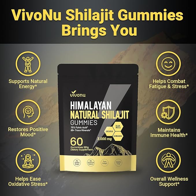 VivoNu Pure Himalayan Shilajit Gummies micronutrient Supplement Himalayan Premium Ingredient with Shilajit - Ashwagandha Gokshura Fulvic Acid &amp 85+ Trace Minerals I for Men Women I Non-GMO