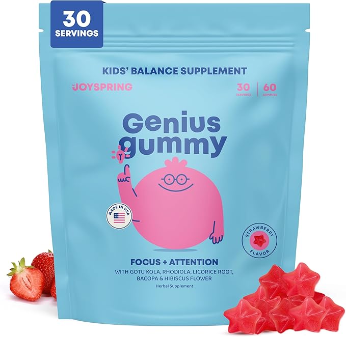 JoySpring Genius Kids Focus Gummies – Natural Herbal Brain Supplement for Kids | Vegan Gluten-Free Sugar-Free with Bacopa Gotu Kola Rhodiola – 60 Count