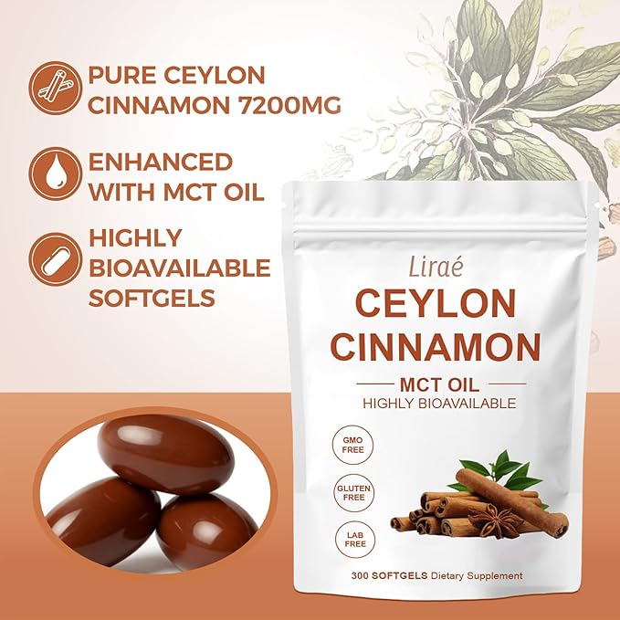 LIRAE Ceylon Cinnamon Ceylon Cinnamon Soft Gels Equivalent with Mct Oil Highly Bioavailable Herbal Extract | Non-GMO Gluten Free | 300 Softgel (2)
