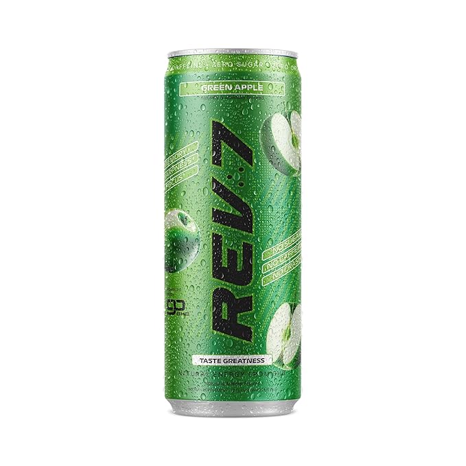 REV7 Energy Drink Caffeine Free Zero Sugar Powered by goBHB Ketones Green Apple - 12ct
