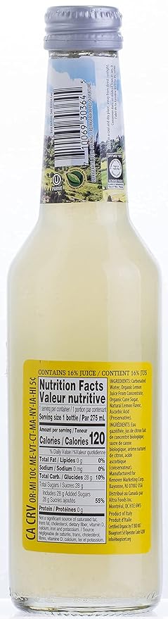 Tuscanini Organic Cold Pressed Sparkling Lemon Soda (6 Pack) Contains 16% Real Juice! No Food Coloring or Artificial Flavors Product of Italy
