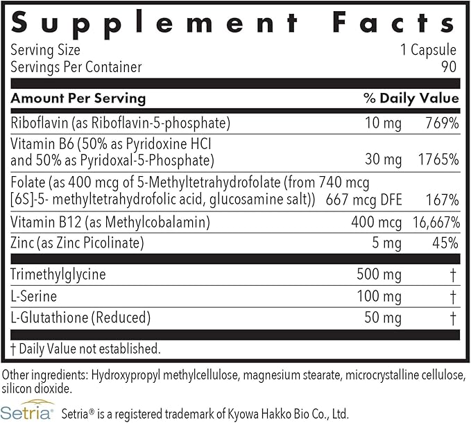 Allergy Research Group Homocysteine Plus Supplement - with Setria Glutathione Vitamin B Complex Trimethylglycine Vegetarian Capsules - 90 Count