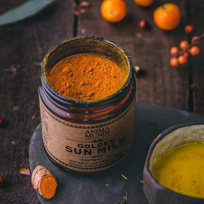 Anima Mundi Apothecary Golden Sun Milk - Relaxing Plant-Based Powder with Organic Spices Turmeric Ashwagandha Reishi &amp Vanilla - Unsweetened Drink Powder - Promote Sense of Calm (5oz / 142g)