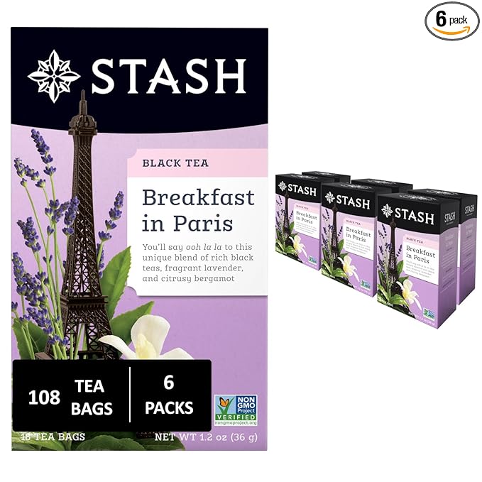 Stash Tea Breakfast In Paris Black Tea - Caffeinated Non-GMO Project Verified Premium Tea with No Artificial Ingredients 18 Count (Pack of 6) - 108 Bags Total