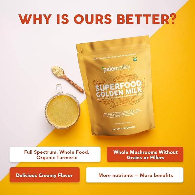 Paleovalley Organic Superfood Golden Milk - Immune Focus Cognitive Longevity - Turmeric MCT-Rich Coconut Milk Functional Mushrooms 30 Servings