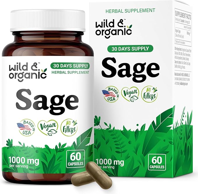 Wild &amp Organic Sage Capsules - Brain &amp Digestive Support - 1000 mg Sage Leaves per Serving - 30 Days of Supply - Salvia Officinalis Supplement - 60 Vegan Capsules - Non-GMO Gluten-Free No Fi