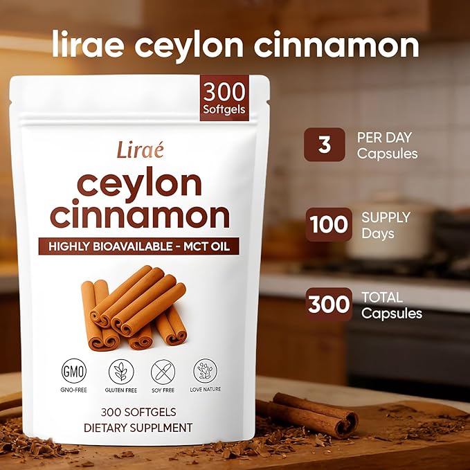 LIRAE Ceylon Cinnamon Ceylon Cinnamon Soft Gels with MCT Oil Highly Bioavailable Herbal Extract for Energy Heart &amp Metabolism Support Non-GMO Gluten Free 300 Softgels (2)