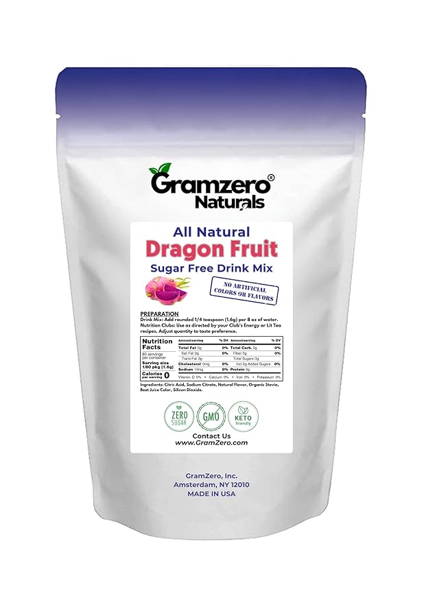 GramZero All Natural Dragon Fruit Zero Calorie Sugar Free Drink Mix Great For Nutrition Club Loaded Tea Stevia Sweetened