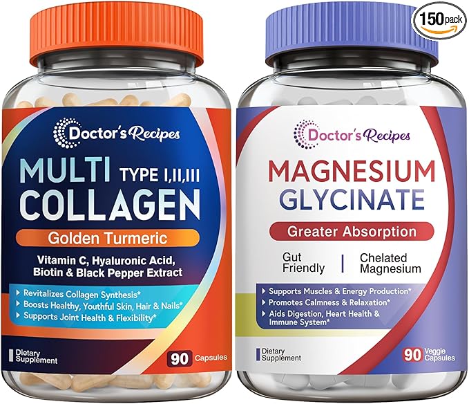 Doctor's Recipes Multi Collagen Complex &amp Magnesium Glycinate Bundle Whole Body Rejuvenation Relax &amp Relief Collagen Capsules 90 ct &amp Magnesium Capsules 90 ct