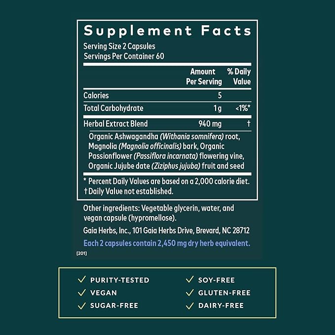 Gaia Herbs SleepThru - Sleep Support Supplement with Ashwagandha Root Magnolia Bark Passionflower &amp Jujube Date* - 120 Vegan Liquid Phyto-Caps (60 Servings)