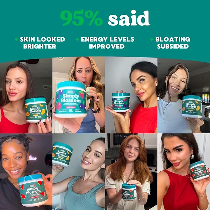 Simply Blossom Nutrition Daily Greens &amp Superfood Powder + Collagen + Probiotics for Women's Digestive Health &amp Bloating Relief. Help Your Health Bloom - 30 Day Supply - Strawberry Kiwi