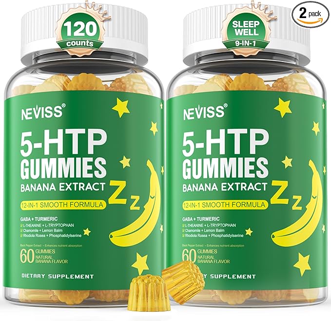 5-HTP 400MG Gummies + GABA - Melatonin Free - Relaxation Gummies with Banana Extract L-Theanine Turmeric L-Tryptophan D3 for Healthy Rest Cycle Circadian Rhythm Brain &amp Muscle Relax Pack of