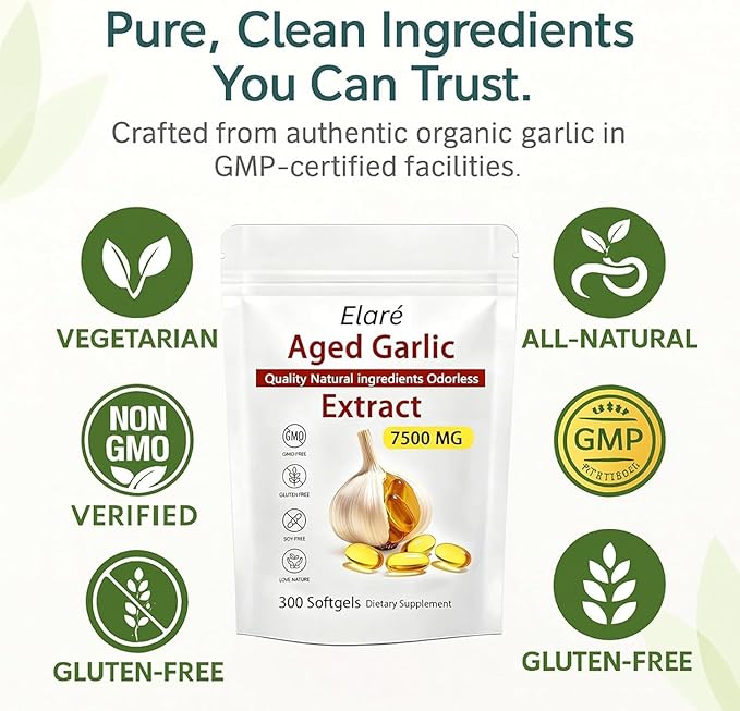 Elare Aged Garlic Extract Capsules 7500mg Odorless - 600 Count Garlic Supplement 2-Year Matured - for Heart &amp Immune Support Non-GMO Gluten-Free