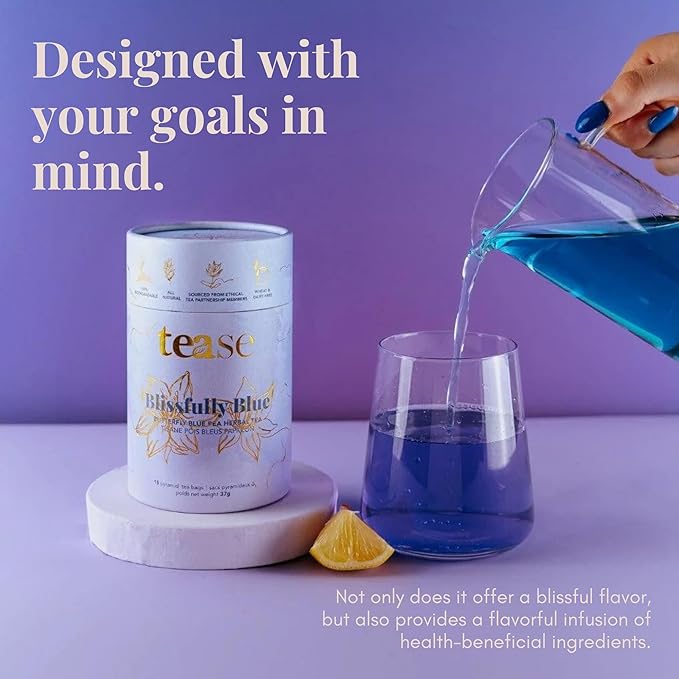 Tease Tea Butterfly Pea Tea - Blissfully Blue Stress Relief Herbal Tea Caffeine Free Tea Made with Butterfly Blue Pea Flowers and Ashwagandha Roots for a Moment of Calm and a Touch of Magic