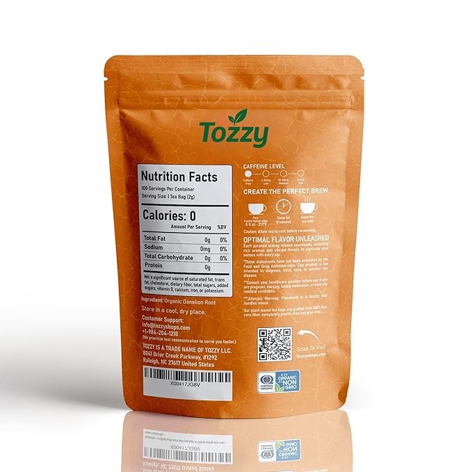 Tozzy Organic Dandelion Tea – 100 Count Plant-Based Pyramid Tea Bags | Organic Plant-Based Eco-conscious Pure Ingredients
