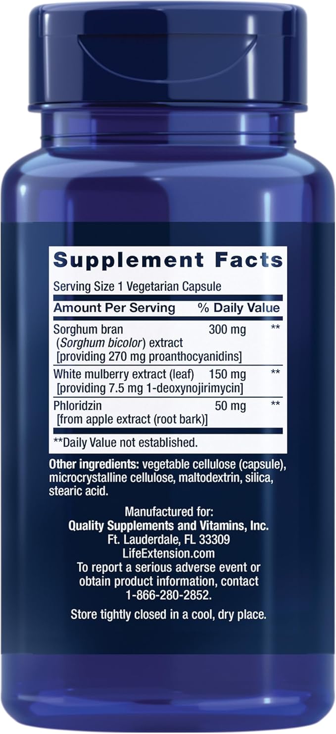 Life Extension Tri Sugar Shield® Sorghum bran White Mulberry phloridzin Apple polyphenol Three Botanical extracts Promote Healthy Glucose Metabolism Gluten-Free Non-GMO Vegetarian 60 Capsules