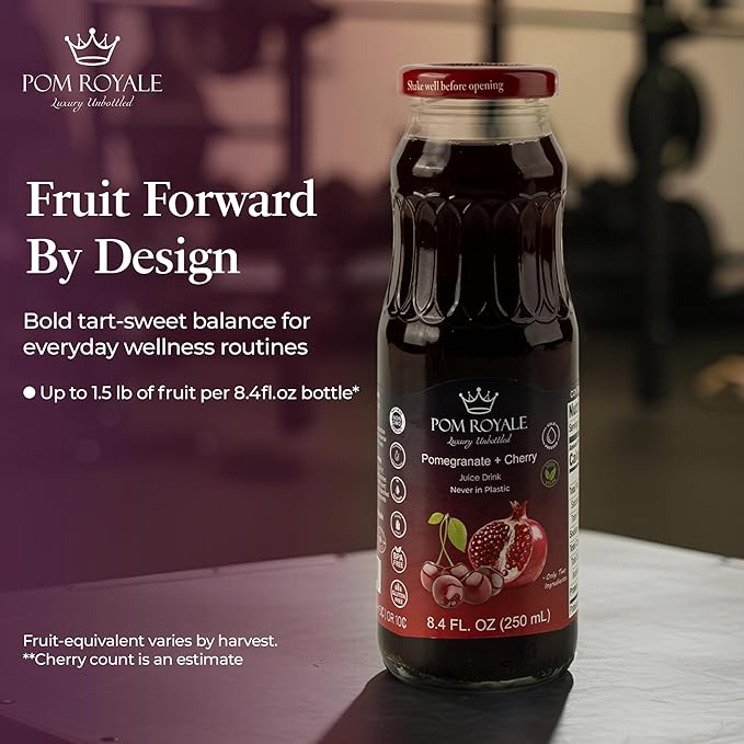 Pure Pomegranate &amp Cherry Juice 8.4oz Glass Bottle (Pack of 12) Cold Pressed Juice Not from Concentrate Non-GMO No Sugar Added Gluten Free Kosher Certified Preservative Free