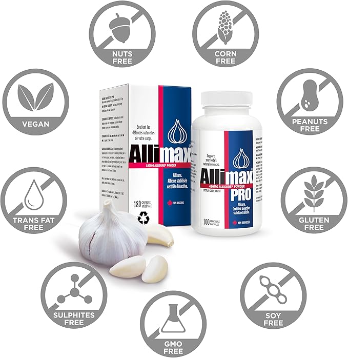 Allimax 180mg 180 Capsules. Supports Your Body’s Immune Function Through Natural Allicin a Potent Organosulphur Compound Extracted from Clean and Sustainable Spanish Grown Garlic.