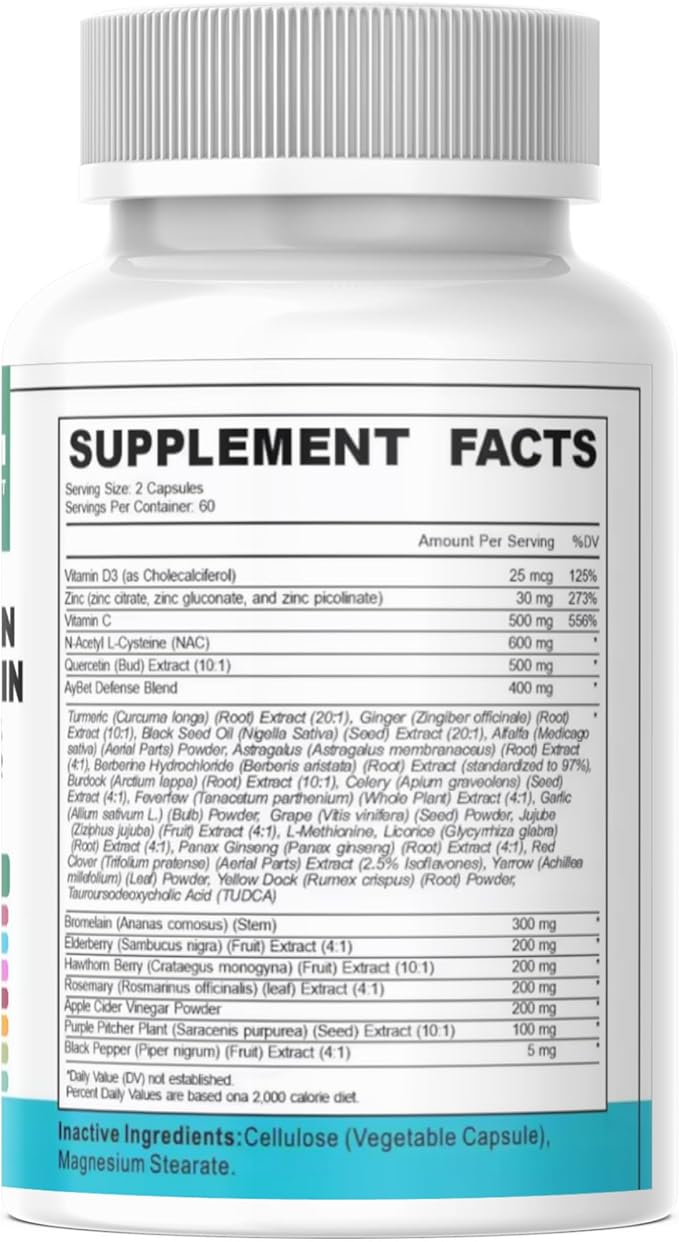 NAC-n-acetyl cysteine- Quercetin Zinc Bromelain Supplement | Extra Strength with Vit C D3 Apple Cider Vinegar Elderberry Hawthorn Berry Turmeric | Immune Support|120 Vegan Capsules | USDA Organic