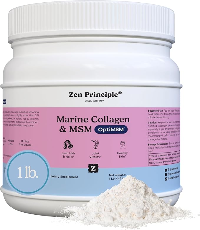 Zen Principle Hydrolyzed Marine Collagen Peptides Powder with OptiMSM® Supplement. Clinically Tested for Skin Support. Wild-Caught Fish Non-GMO. Container 16 oz