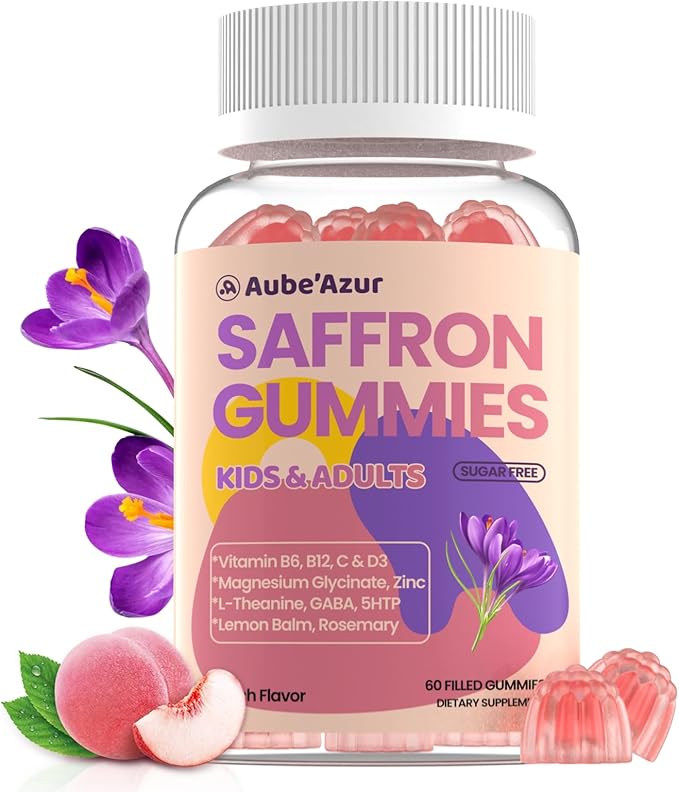 Saffron Gummies for Kids Adults 88.5mg 15-in-1 Saffron Supplements for Kids with B6 B12 C D3 Magnesium Glycinate Zinc for Nerve Rest Focus Sugar Free Vegan Non- GMO Peach Flavor 60 Count