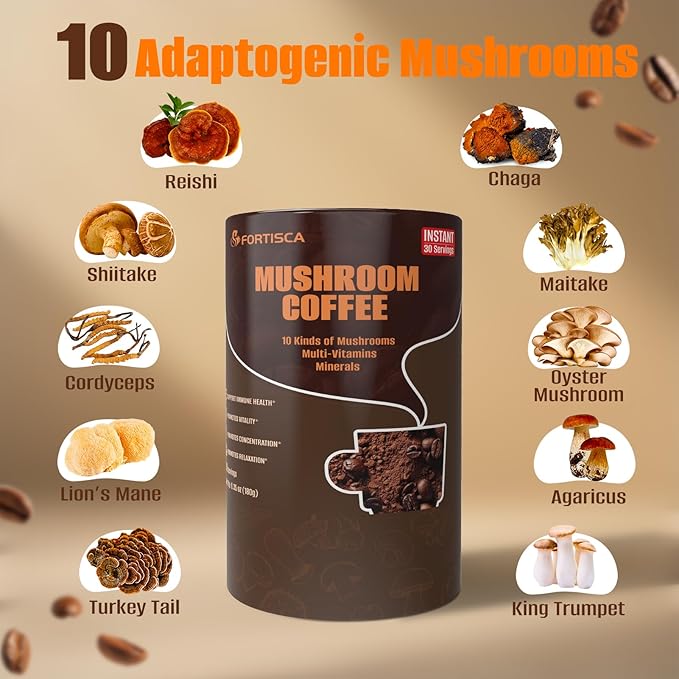 10-in-1 Mushroom CoffeeInstant Coffee with Lion’s Mane Cordyceps &amp Turkey Tail plus Ashwagandha Magnesium &amp MultivitaminsMixed With Arabica Instant Boosting Coffee for Balanced Energy &am