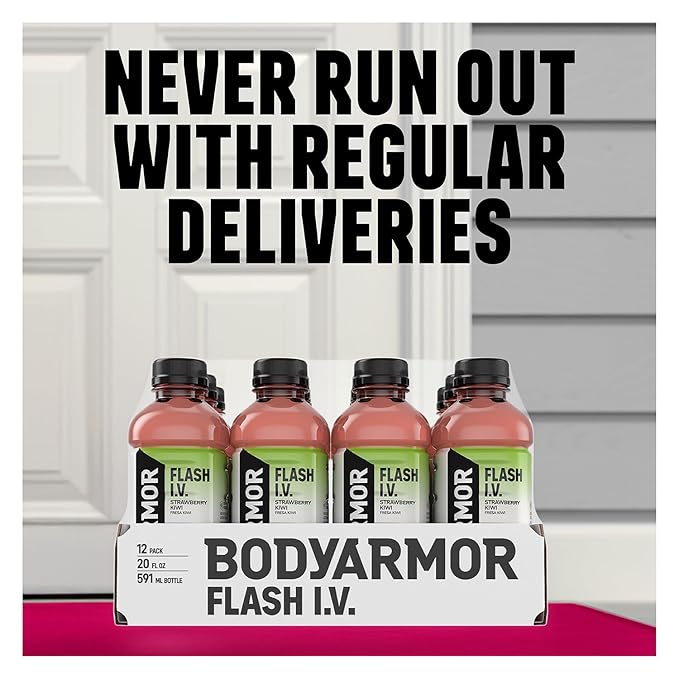 BODYARMOR Flash I.V. Electrolyte Beverage Strawberry Kiwi Hydration Drink with Coconut Water For Rapid Rehydration Post Workout Recovery 20 Fl Oz (Pack of 12)