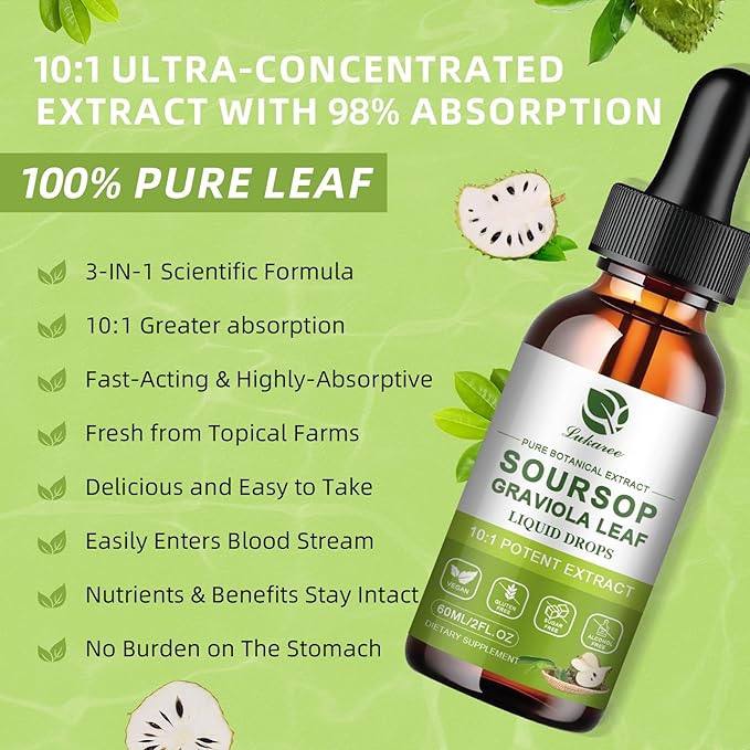 Lukaree Pure Soursop Leaves Extract 10X Concentrated Graviola Soursop Bitters Liquid Drop for Immune Digestive Energy Cold-Extracted with High Potency Alcohol-Free Vegan &amp Non-GMO